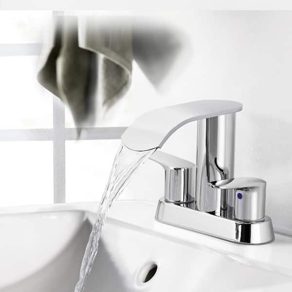 4 in. Centerset Double Handle Waterfall Bathroom Faucet with Drain Kit and Supply Lines Included in Polished Chrome