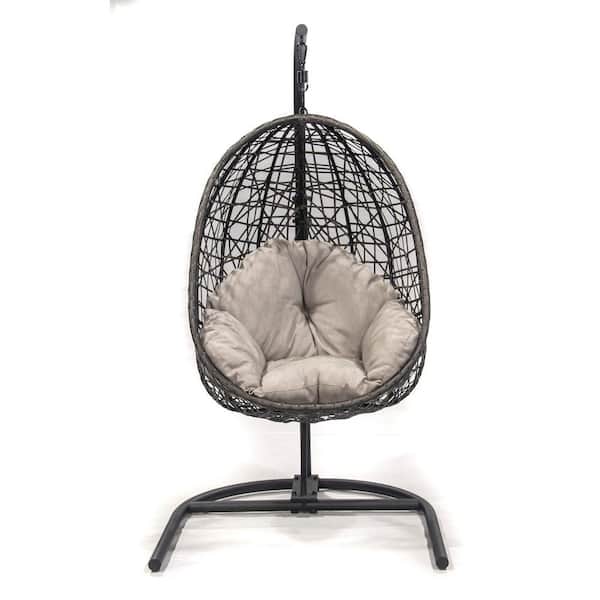 Unbranded Lantis Black Wicker Outdoor Hanging Chair with Grey Cushion