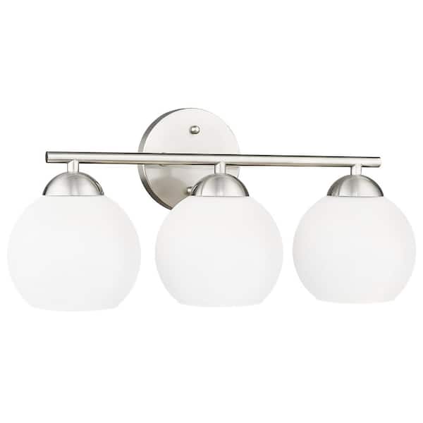 JAZAVA 18.5 in. 3-Light Brushed Nickel Vanity Light with Milk Glass Shade