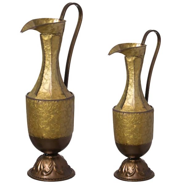 Uniquewise (Set of 2) Antique Style 1-Handle Metal Jug Floor Vase - Vintage Inspired Rustic Design for Entryway, Living Room