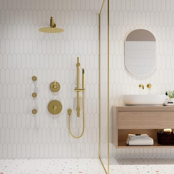 1-Spray 10 in. Dual Shower Head Wall Mount Fixed and Handheld Shower Head with Side Jets Sprayer 2.5 GPM in Brushed Gold