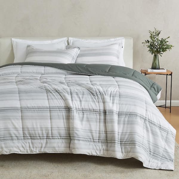 FRESHFOLDS Grey 2 Piece Grey Gradient Stripe Reversible Down Alternative Twin Microfiber Comforter Set