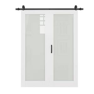 56 in. x 80 in. 1 Lite Tempered Frosted Glass White Primed Bifold Sliding Barn Door with Hardware Kit