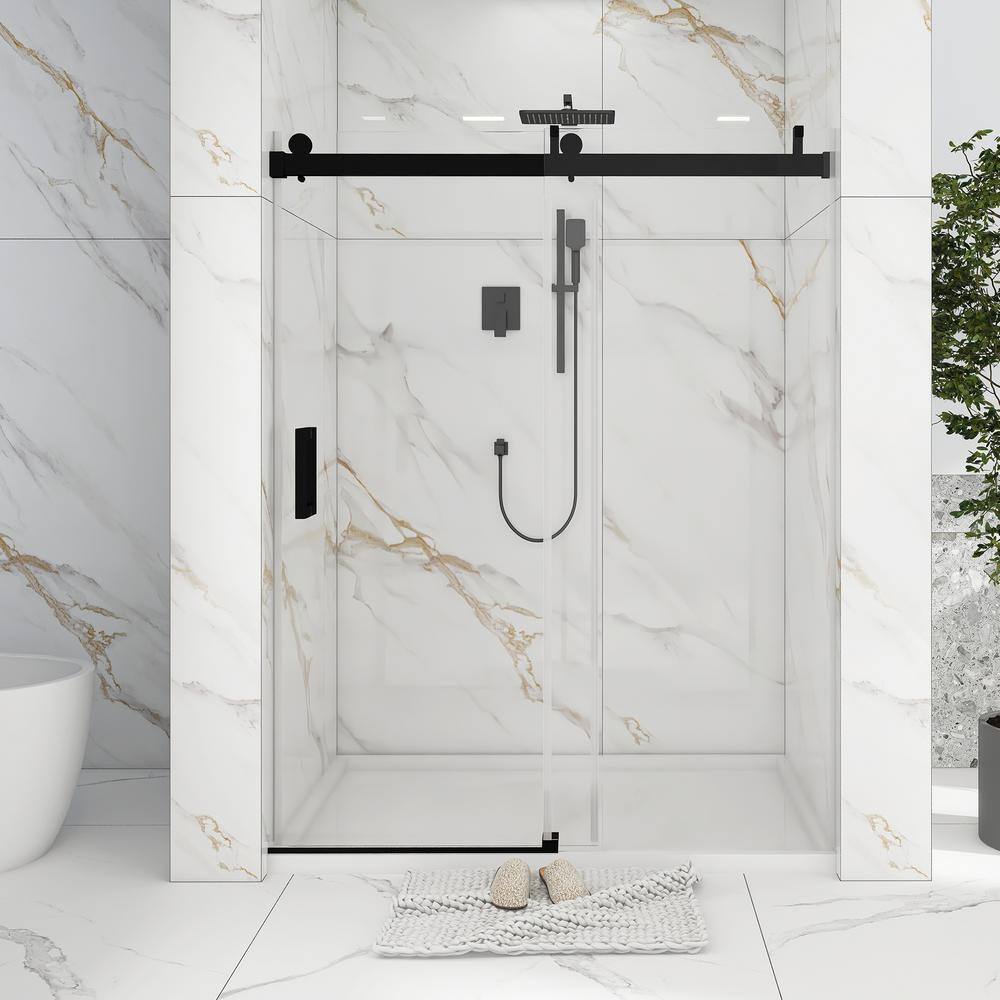 60'' Matte Black Frameless Sliding Shower Door with Clear Glass