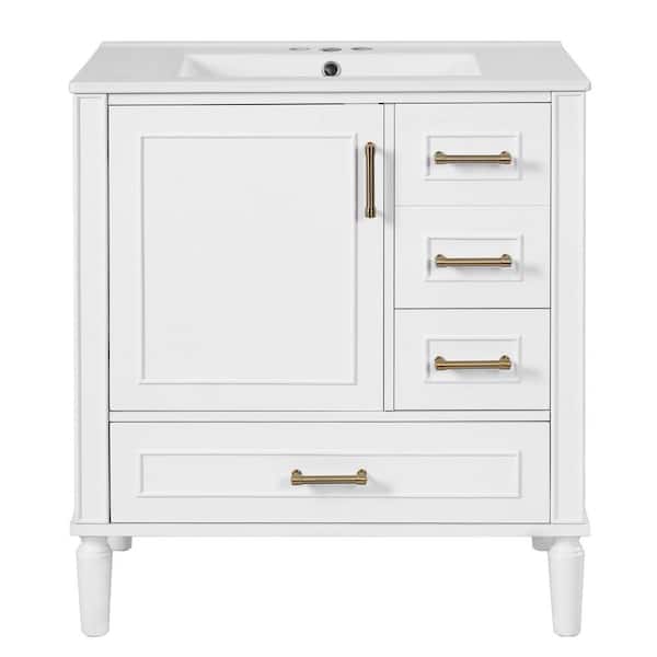 30 in. Single Sink Freestanding White Bath Vanity with White Ceramic Top and 3 Drawer Storage Cabinet Unassembled