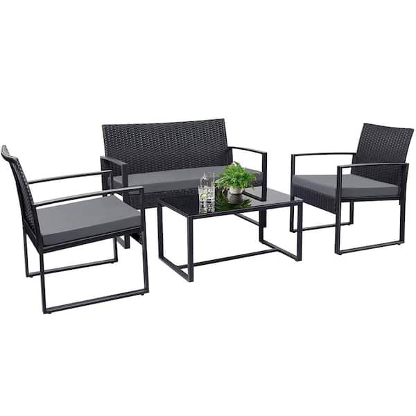 Tozey 4-Pieces Wicker Patio Conversation Sets PE Rattan Chairs with Gray Table