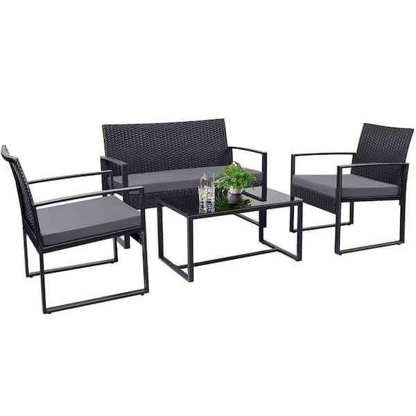 Tozey 4-Piece Wicker Outdoor Patio Deep Seating Set with Gray Cushions and Coffee Table