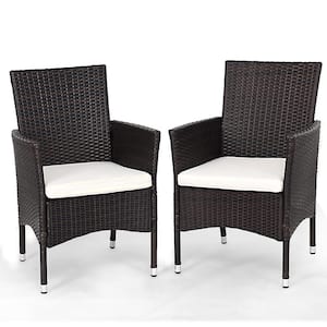 Ergonomic Patio Wicker Outdoor Dining Chair with White Cushion (2-Pack)