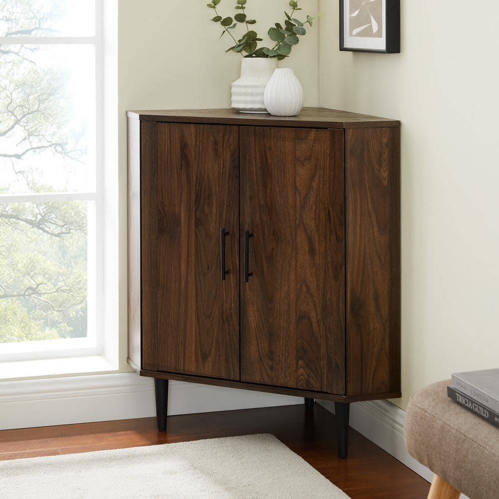 Dark Walnut 2-Door Corner Accent Cabinet with Adjustable Shelving