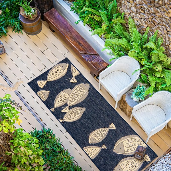 Paseo Loutro School of Fish Navy/Grain 2 ft. x 6 ft. Indoor/Outdoor Area Rug
