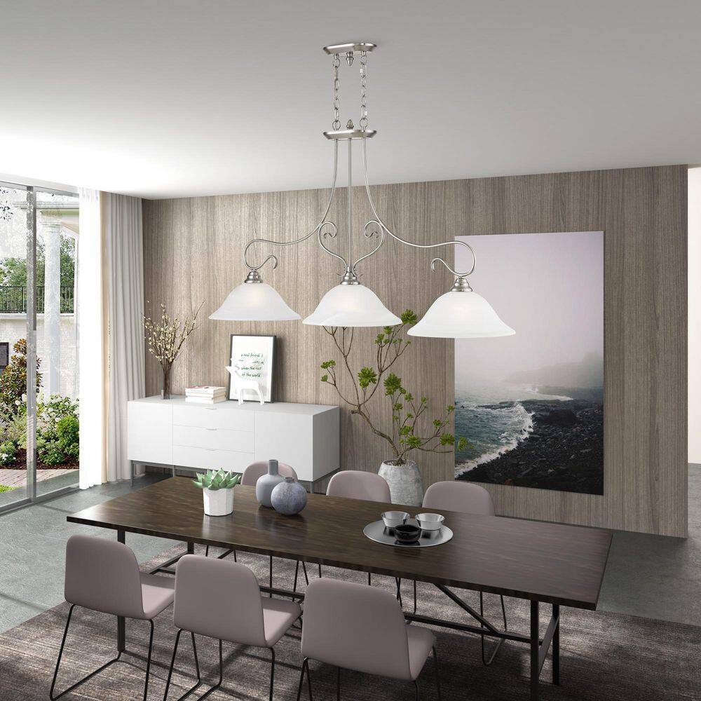 Brushed Nickel 3-Light Linear Chandelier with Alabaster Glass