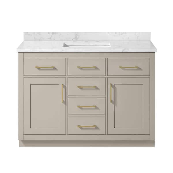 Athea 48 in. Freestanding Greige Bath Vanity with White Engineered Marble Top, Power Bar and Brushed Gold Hardware