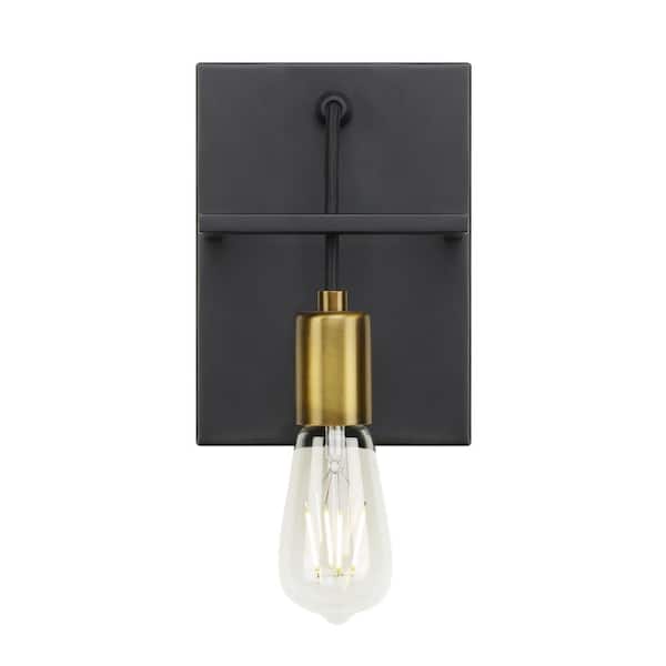 Generation Lighting Tae 5.5 in. W 1-Light Black Industrial Metal Bathroom Wall Sconce with Aged Brass Socket Cup and Black Cord