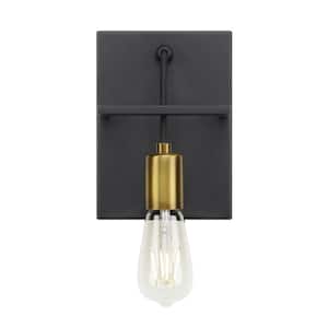 Tae 5.5 in. W 1-Light Black Industrial Metal Bathroom Wall Sconce with Aged Brass Socket Cup and Black Cord