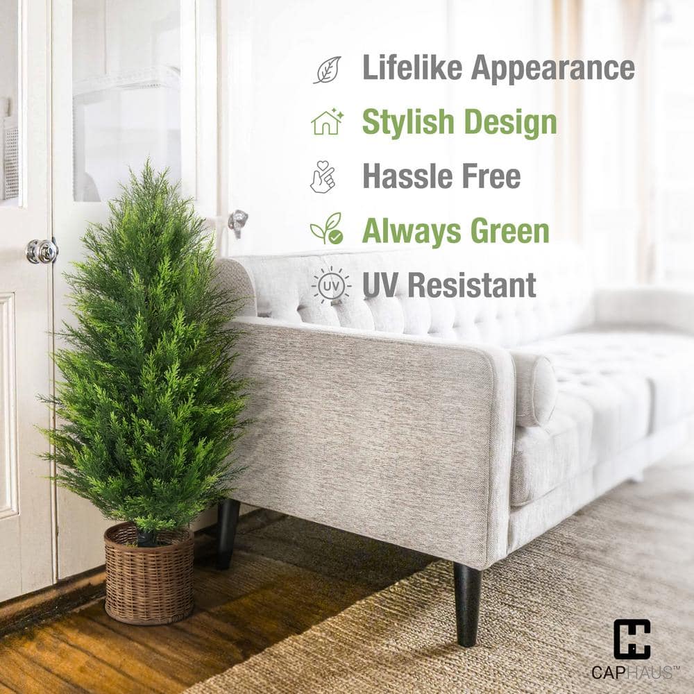 48" Green Artificial Cedar Topiary Trees in Black Plastic Pots