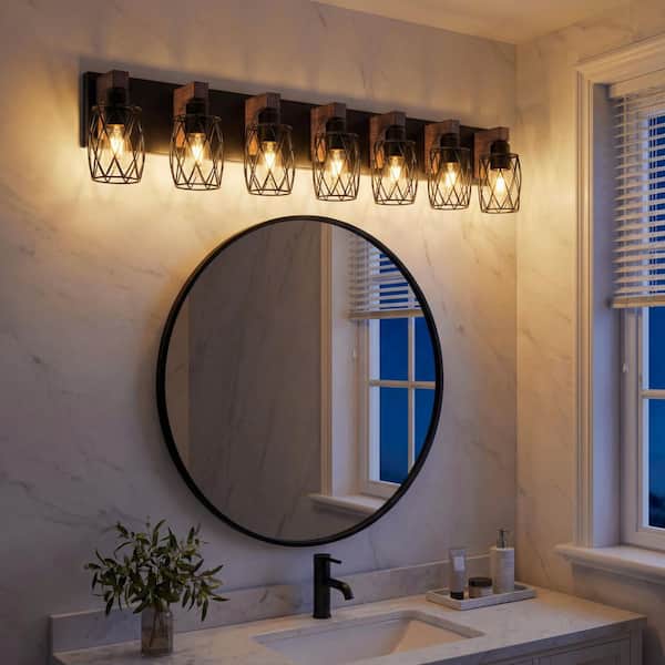 44 in. 7 Light Black Vanity Light Fixture Bathroom Over Mirror Wall Lights with Black Cage and Wooden Accents