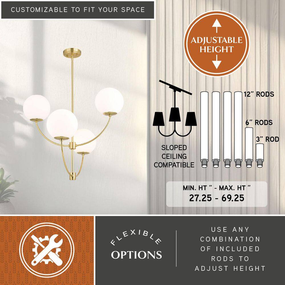 Avers 26" Gold Brass Mid-Century Modern Chandelier with White Globe Glass