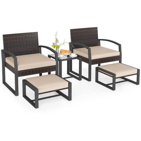 5-Piece PE Rattan Patio Conversation Set with 2 Chairs, Ottomans and Glass Table, Beige