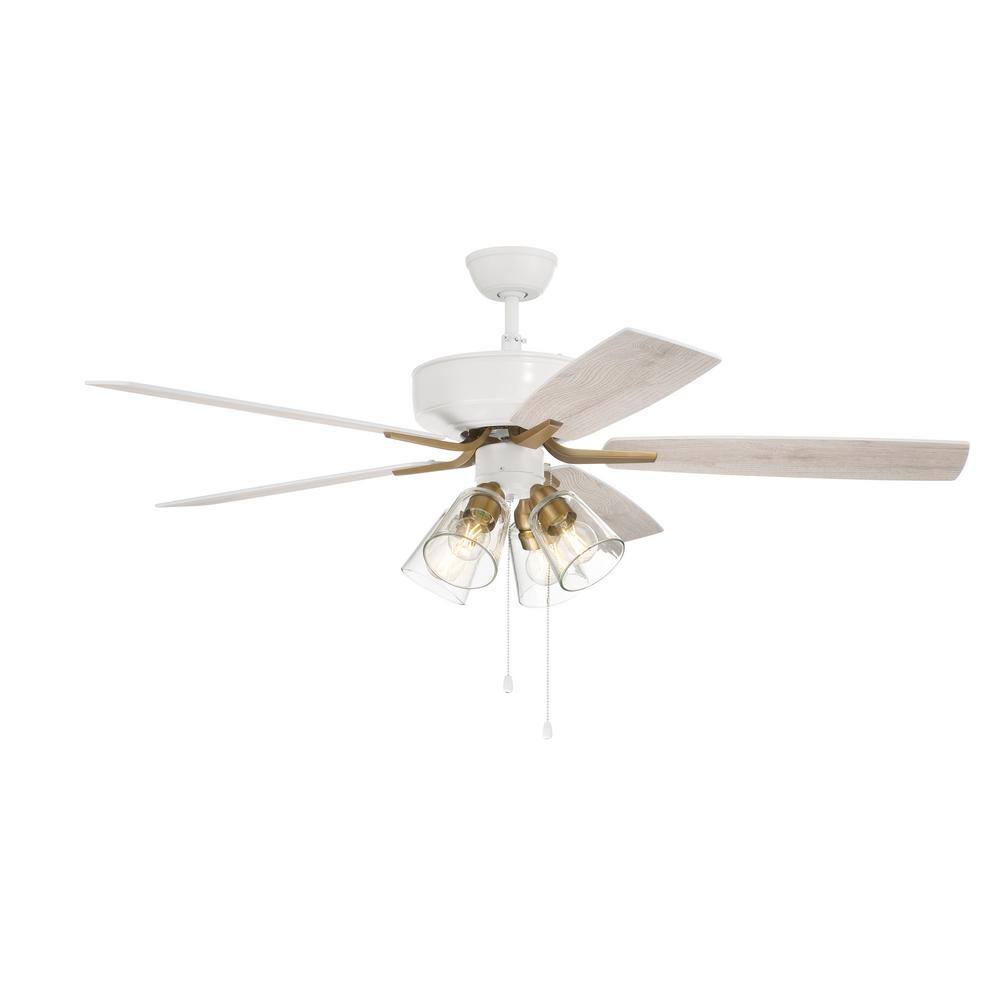 White Satin Brass 52" Ceiling Fan with Clear Glass Light