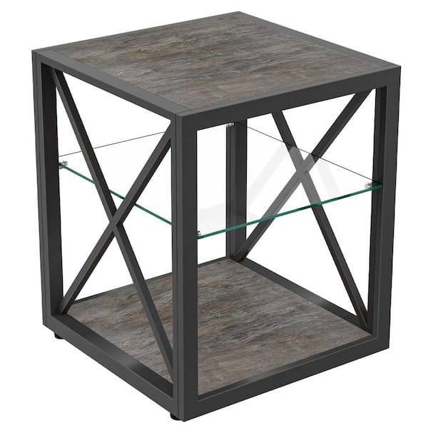 1 Piece Industrial Modern 18 in. Brown and Black Rectangle Tempered Glass Nightstand with X-Frame and 3-Tier Storage