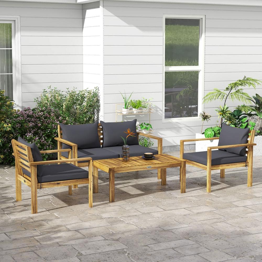Acacia Wood 4-Piece Outdoor Patio Set with Gray Cushions
