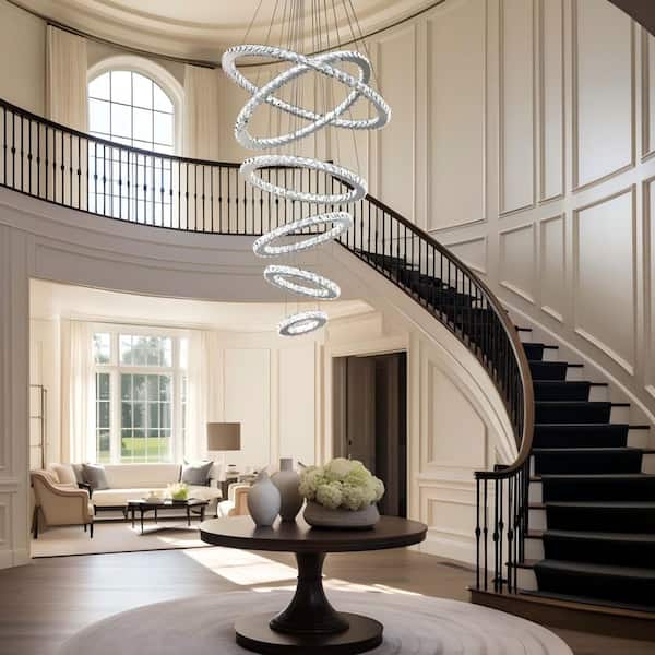 Modern 6-Light Integrated LED Chrome Color and Silver Chandelier with 6 Rings for High Ceilings