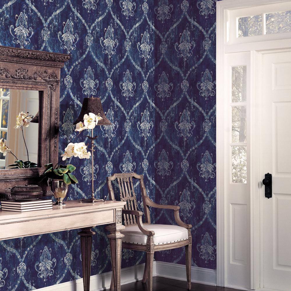 Blue Embossed Damask Pre-pasted Washable Wallpaper