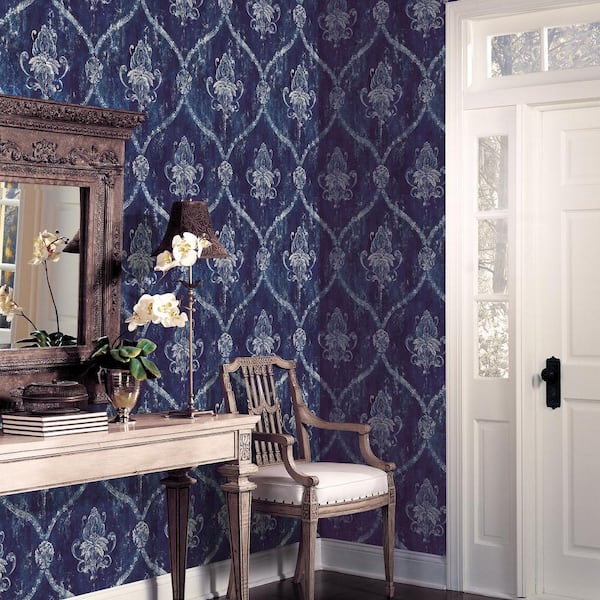 Regal Damask Wallpaper in Blue and Silver