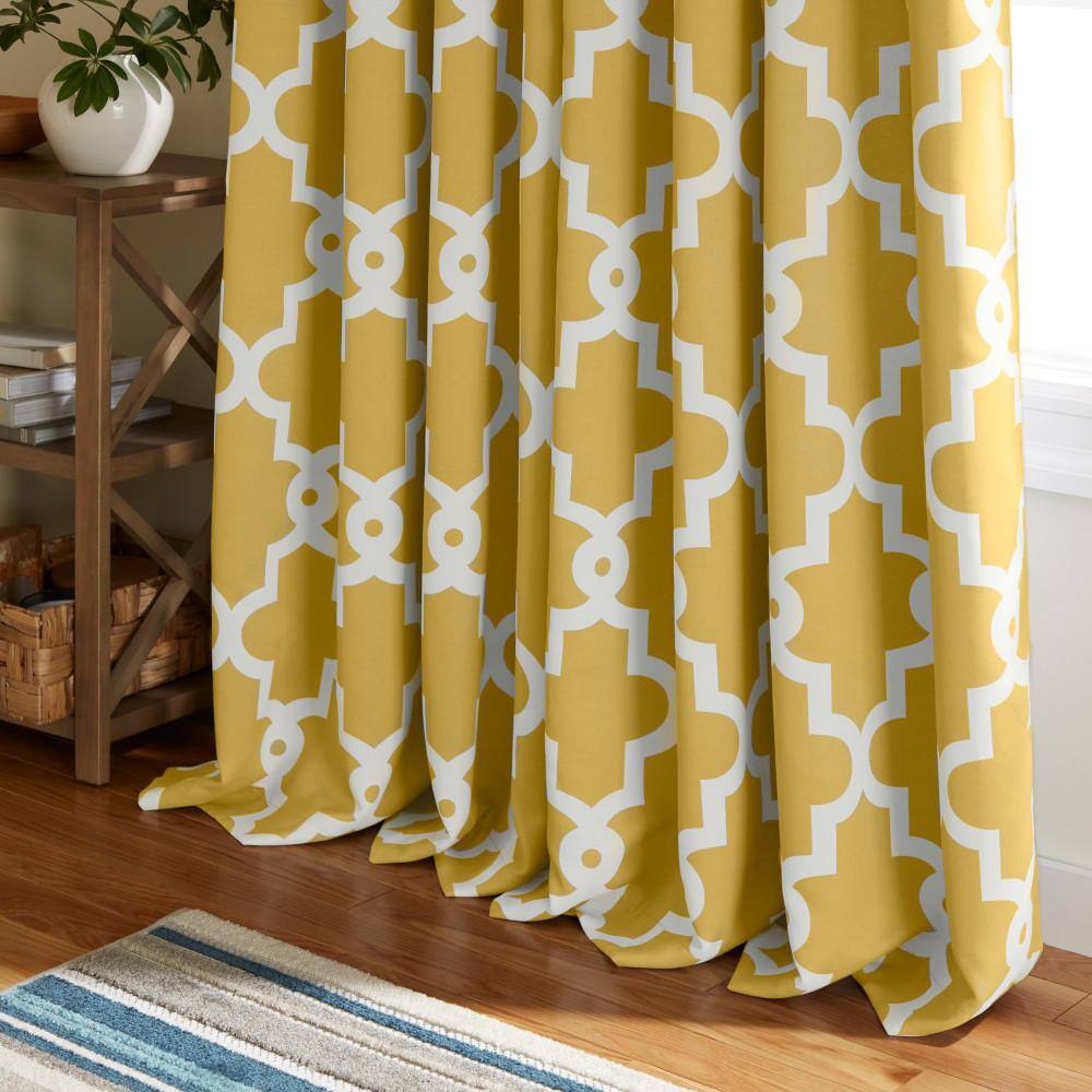 TOWN & COUNTRY EVERYDAY Ironwork Geo Trellis Sateen Indoor Curtains, Room Darkening Blackout, Grommet Top, Energy Efficient, 2-Pack Set, 52"x84", Sundress Yellow