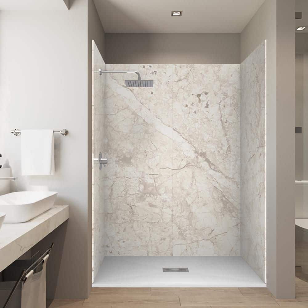 Botticcino Beige 36 in. x 60 in. x 84 in. Solid Composite Stone Alcove Shower Kit with Walls & White Pan Base Cntr Drain price history on PriceWatchPro