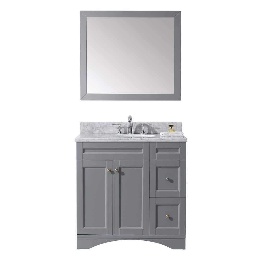 Virtu Usa Elise 36 In W Bath Vanity In Gray With Marble Vanity Top In White With Round Basin And Mirror Es 32036 Wmro Gr The Home Depot