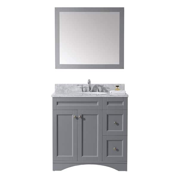 Virtu USA Elise 36 in. W Bath Vanity in Gray with Marble Vanity Top in White with Round Basin and Mirror
