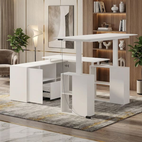 FUFU&GAGA 72.4 in. W U-Shaped White Adjustable Height Desk