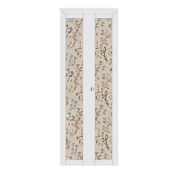 ARK DESIGN 30 in. x 80 in. 1-Lite Frosted Glass Solid Core MDF White Finished Closet Bifold Door with Peony Sticker and Hardware