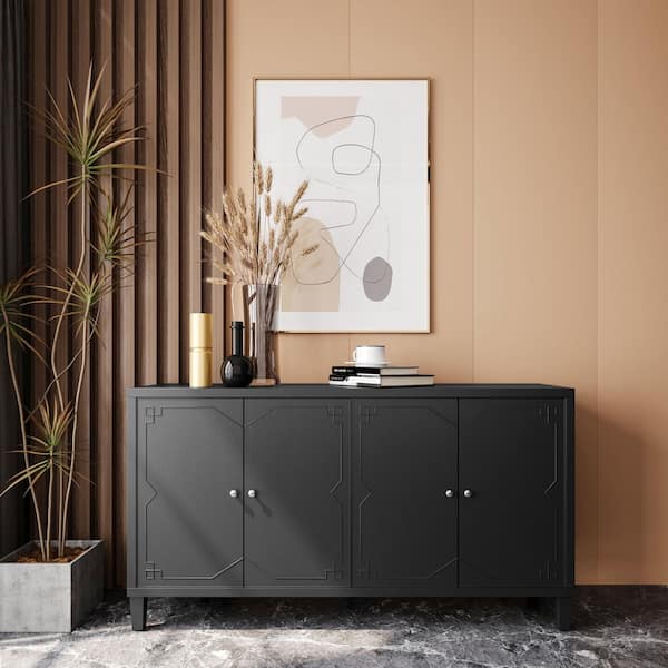 FUNKOL 59.84 in. x 15.75 in. x 31.5 in. MDF Freestanding Ready to Assemble Base Storage Cabinet in Matte Black with 4-Doors