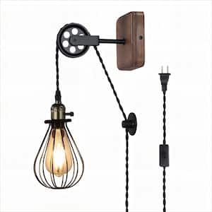 4.7 in. 1-Light Vintage Black Cage Shade Modern Industrial Adjustable Height Plug in Wall Sconce with Toggle Switch