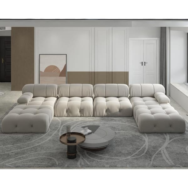 J&E Home 138.61 in. Square Arm 6-piece U Shaped Velvet Modular Free Combination Sectional Sofa with Ottoman in. Beige