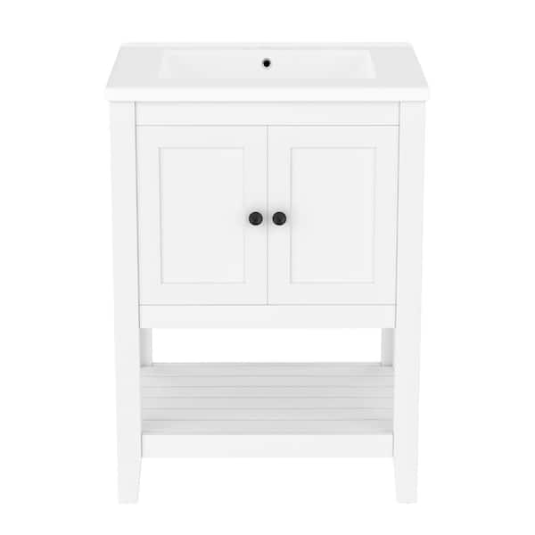 24 in. W White Freestanding Bath Vanity with White Ceramic Top Sink,Open Shelf, 2 Doors