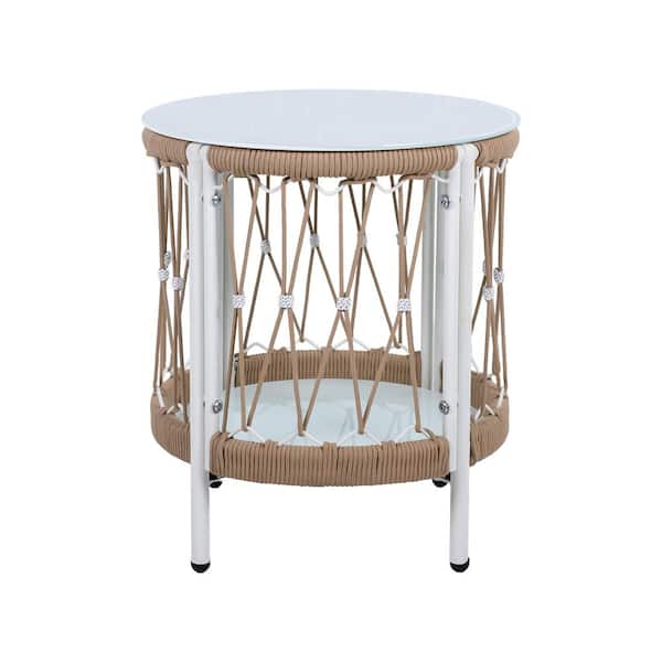 Metal Outdoor Side Table, Small Patio End Table for Drinks, Plants, Glass Top, Steel Frame