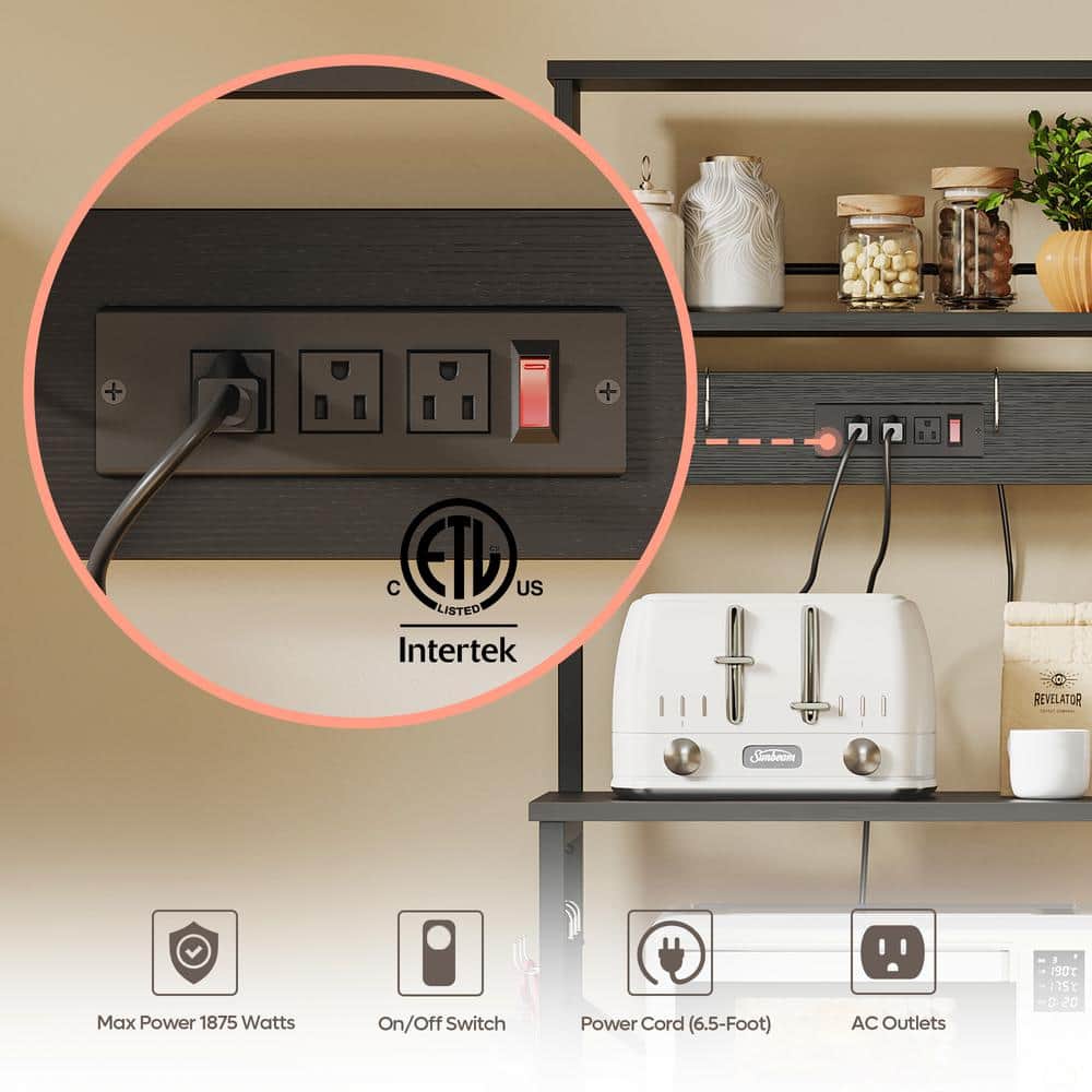 Black 60" Wood Kitchen Baker's Rack with Storage and Power Outlets
