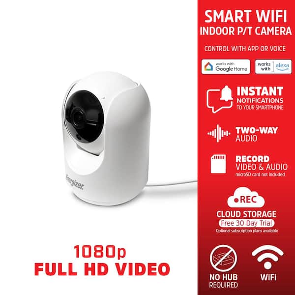 Energizer Pan and Tilt Wired WiFi Indoor White 1080P HD AC Powered Surveillance Home Security Camera with Auto Motion Tracking