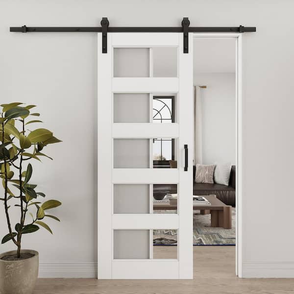 30 in. x 80 in. 5-Lite Tempered Clear Glass White Primed Solid Core MDF Sliding Barn Door with Hardware Kit