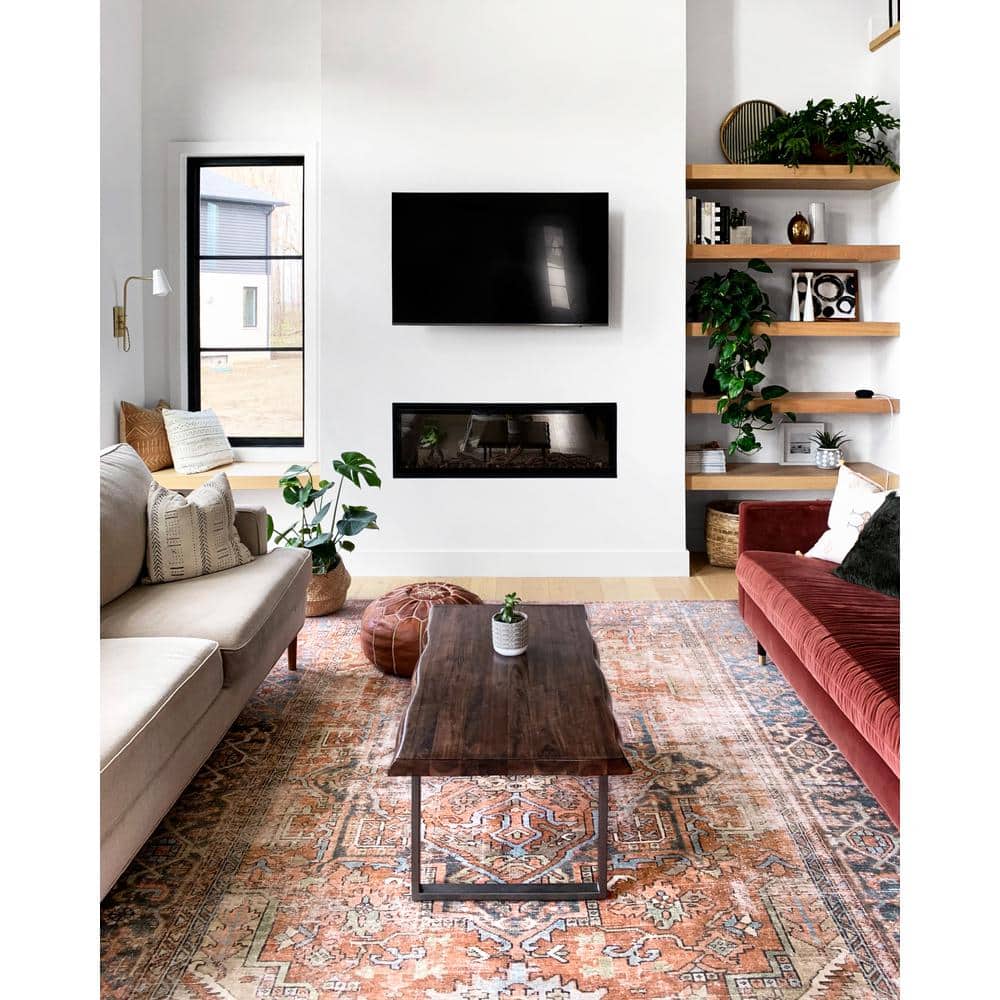 Terracotta and Sky Hand-knotted Square Synthetic Rug