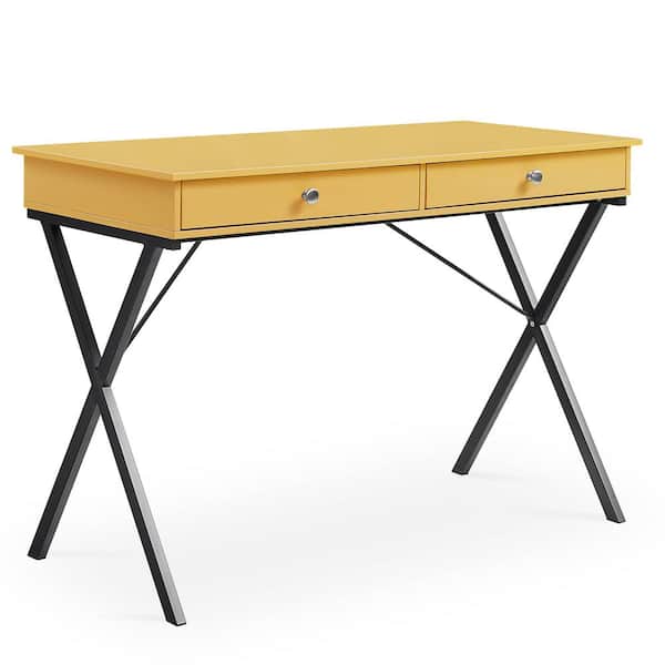 aisword 42 in. Banana Yellow Finish MDF Table Top 2-Drawers Writing Desk with Black Stoving Varnsih Steel Frame