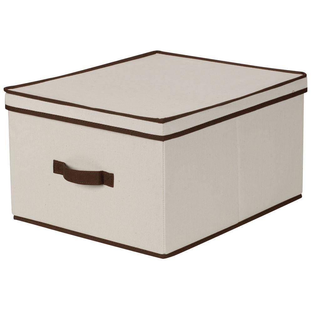 HOUSEHOLD ESSENTIALS 10 in. H x 16 in. W x 19 in. D Off White Canvas Cube Storage Bin, Natural w/ coffee trim -  515