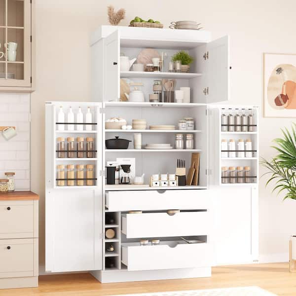Dyer White Wood 77 in. H Freestanding Kitchen Pantry Cabinet with 4-Doors and 3-Drawers