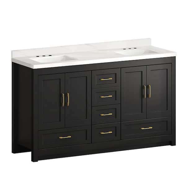 60 "Black Bathroom Vanity. slate countertop Sink， Console Sink Abundant Storage Cabinet-4 Soft close doors and 5 drawers