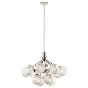 Silvarious 30 in. 12-Light Polished Nickel Modern Crackle Glass Shaded Convertible Chandelier for Dining Room