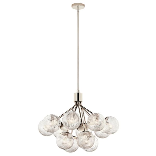 KICHLER Silvarious 30 in. 12-Light Polished Nickel Modern Crackle Glass Shaded Convertible Chandelier for Dining Room