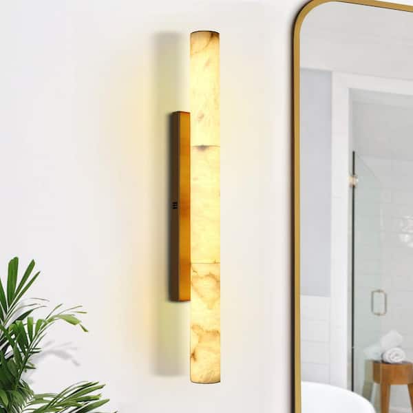 PUYRNF 36 in. 3-Light Brass Dimmable LED Wall Sconce with Alabaster Shade, Modern Spanish Natural Marble Wall Sconce(1-Piece)
